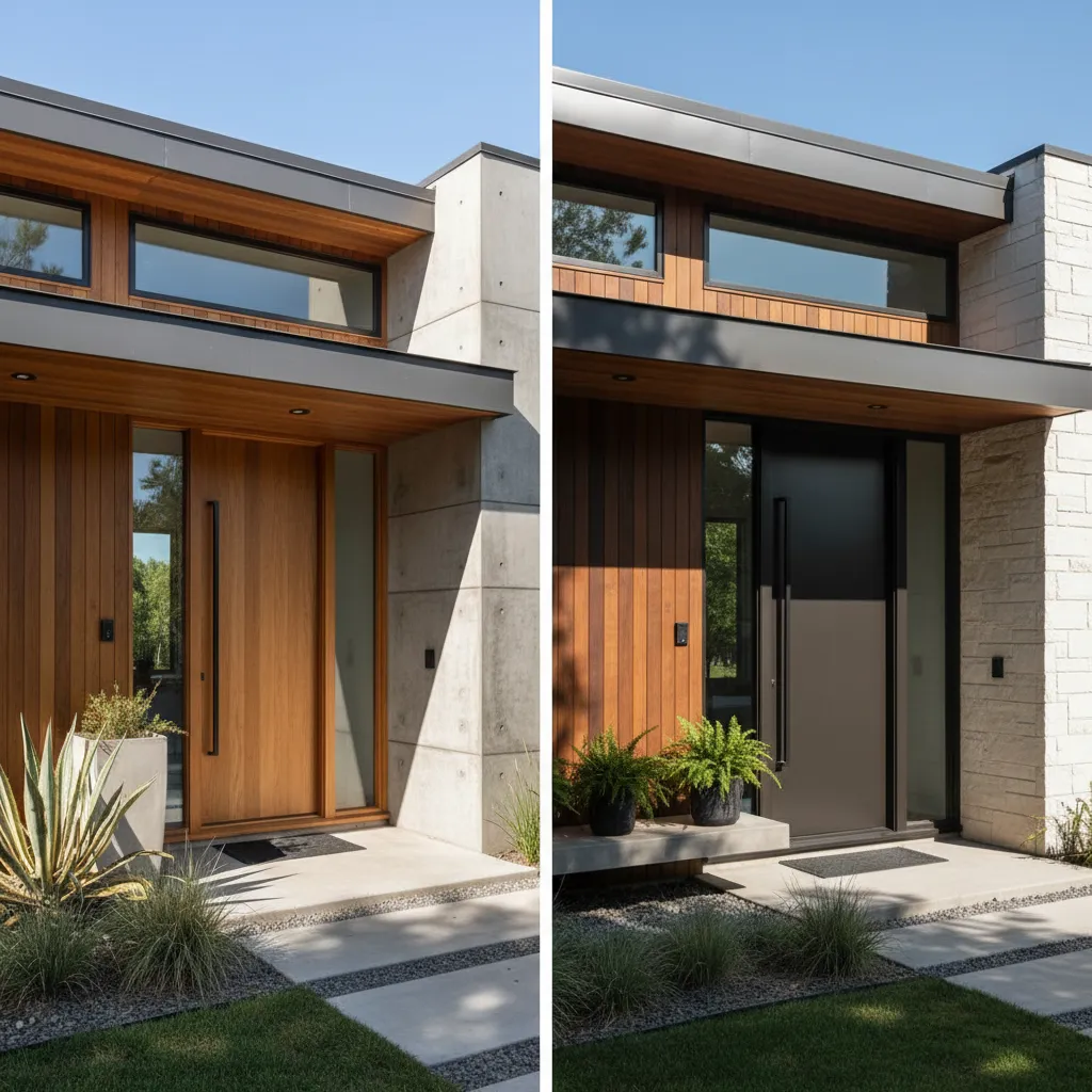 fachada de casa con alero pequeño que no protege la entrada