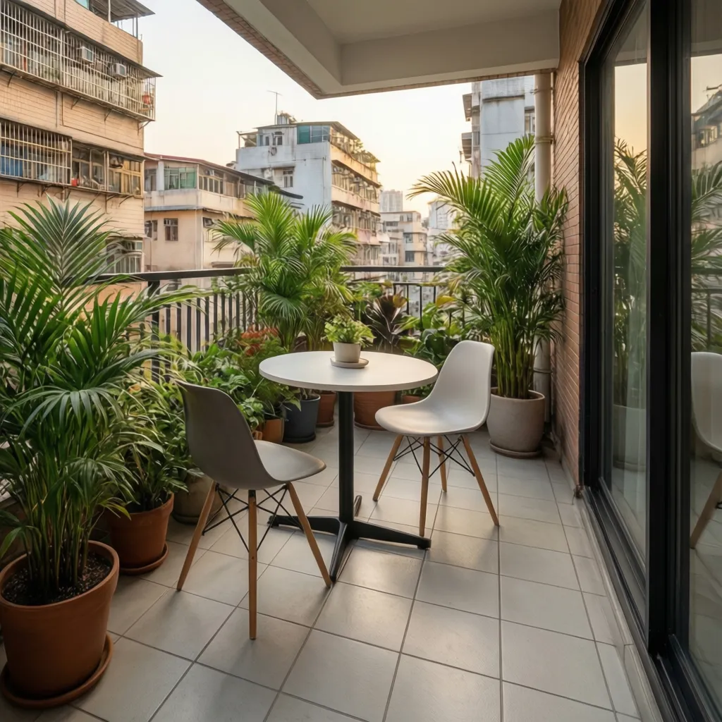 Small outdoor balcony with many green plants white table and two grey and white chairs