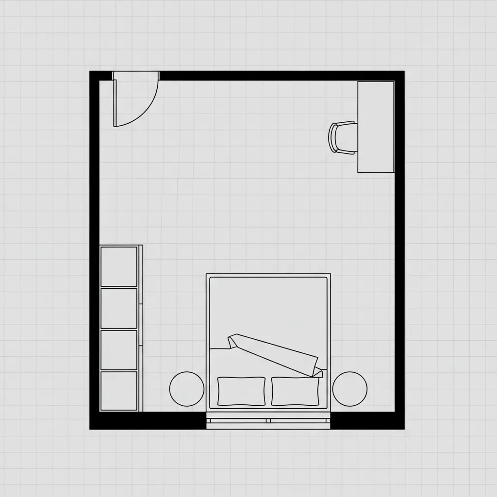 compact bedroom 2D floor plan showing optimized furniture arrangement