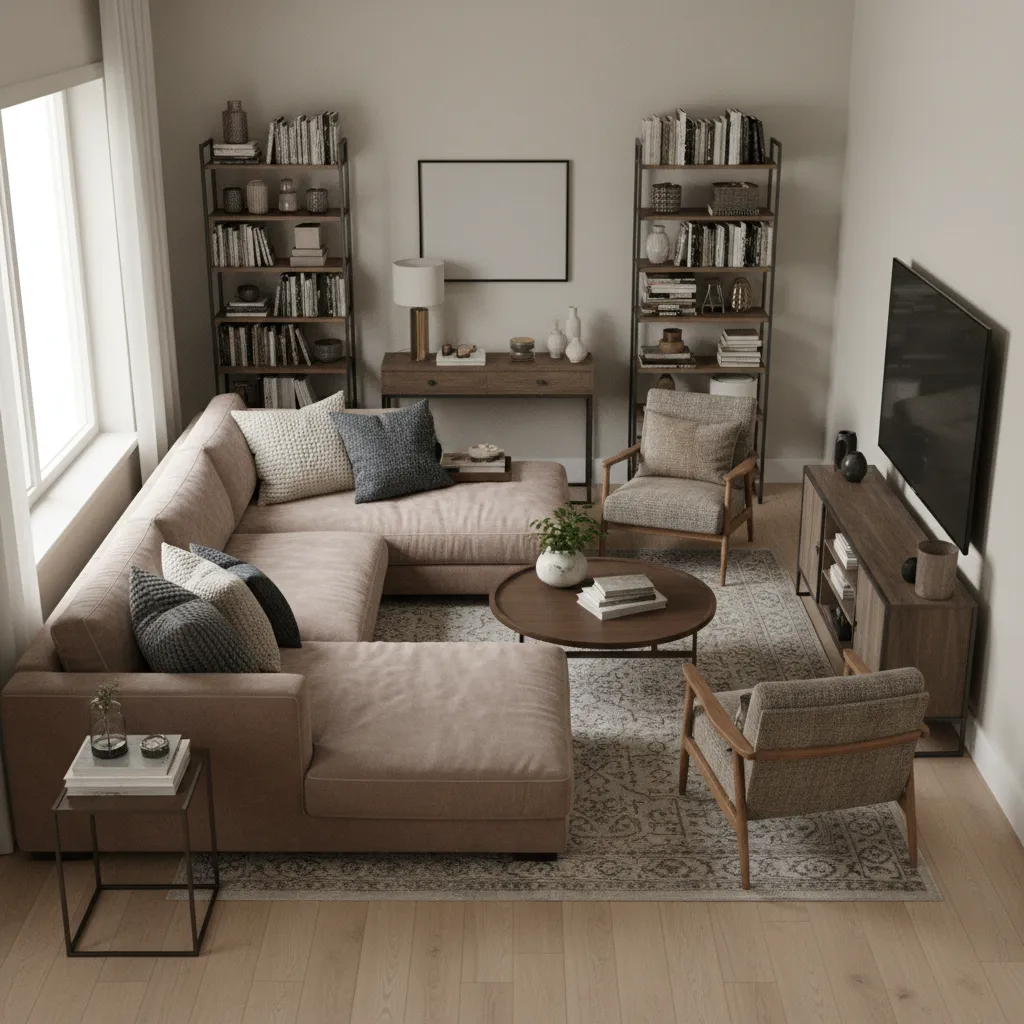 Cozy living room with tan sofa wooden coffee table two armchairs rug and tall bookshelves