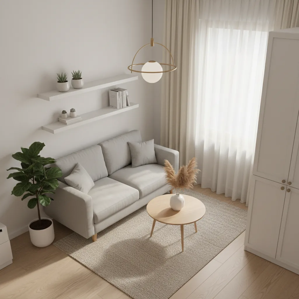 3D layout visualization of a small apartment living room optimized with compact furniture