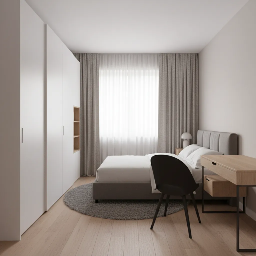 3D visualization of a small bedroom layout optimized with furniture placement