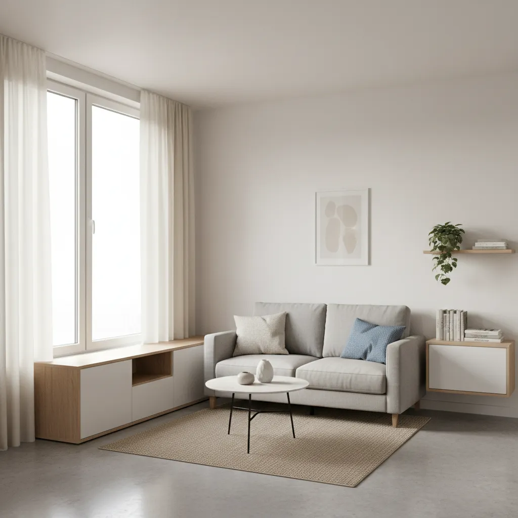 3D model showing optimized small apartment layout with furniture placement