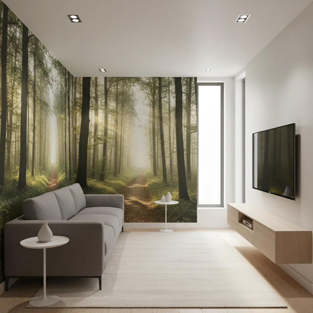 Small living room with scenic 3D wall mural creating visual depth