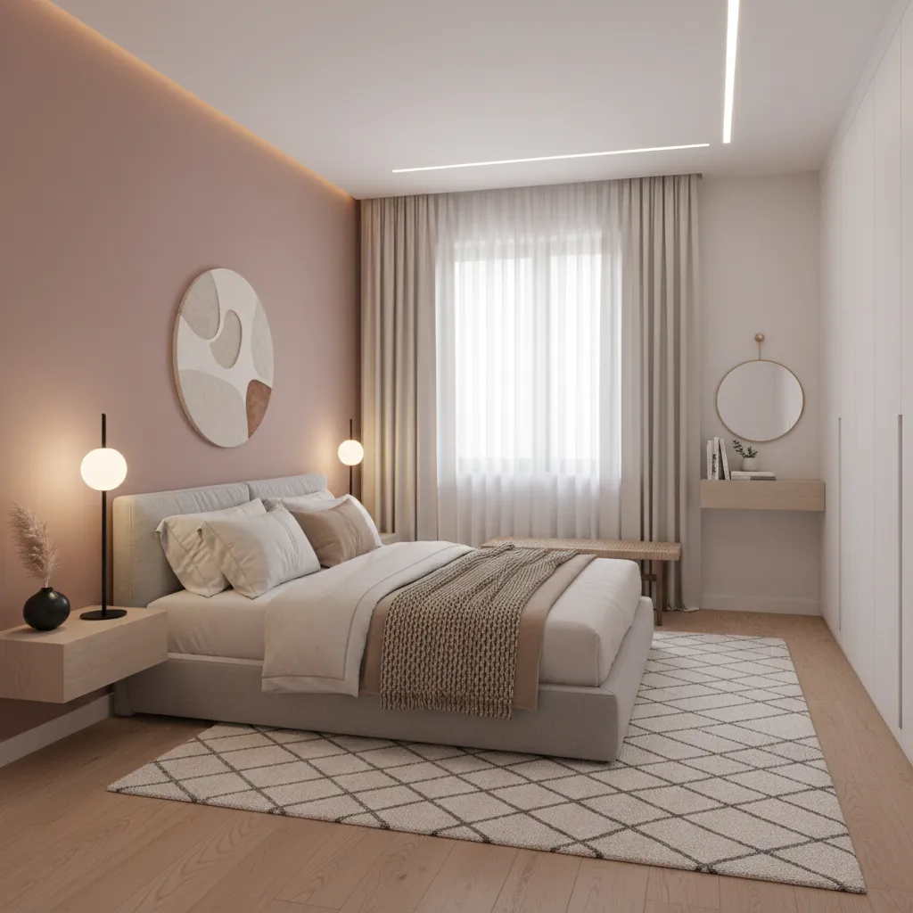 Small bedroom with subtle accent wall behind bed
