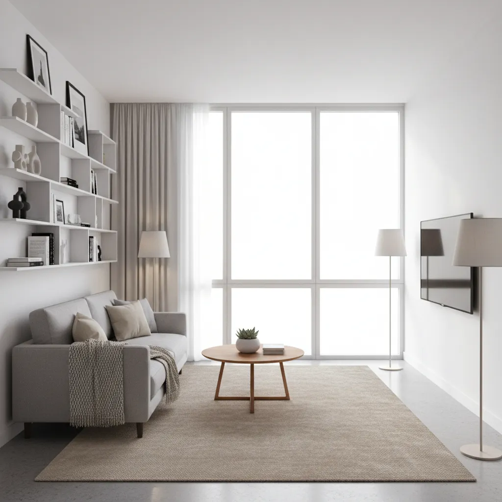 AI optimized small living room layout with storage and furniture arrangement
