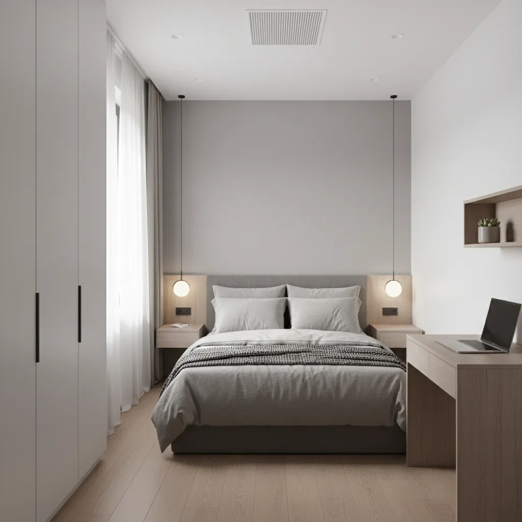 small apartment bedroom showing compact cooling setup with minimal furniture