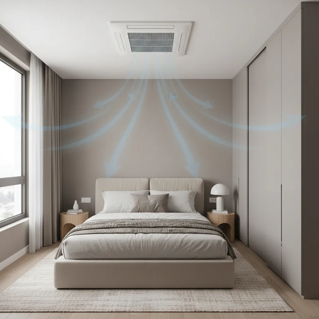 airflow circulation pattern from ceiling cassette air conditioner in small bedroom