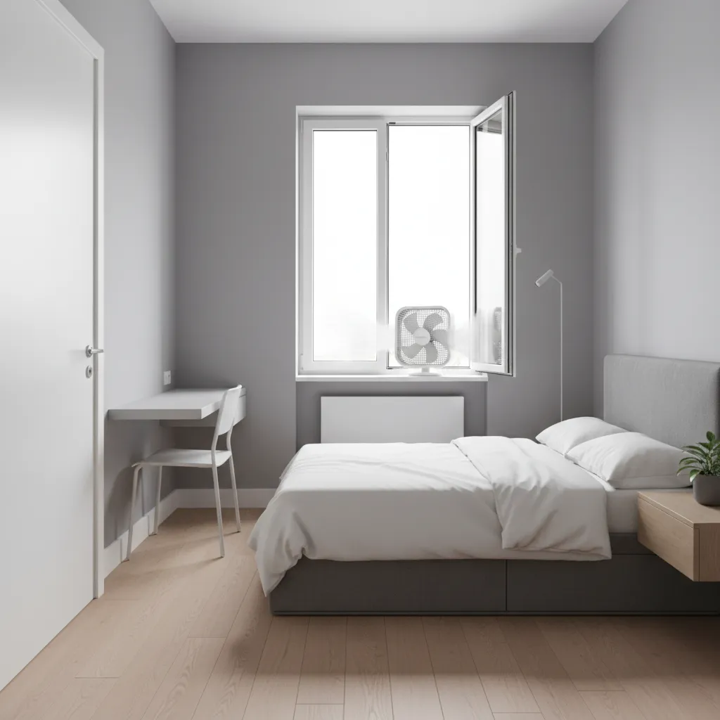compact bedroom with clear airflow path between window fan and doorway