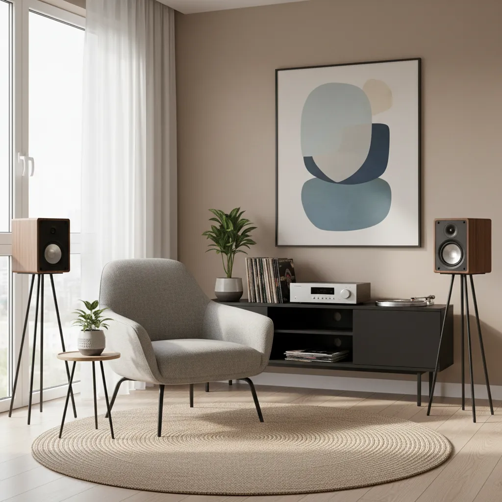 Small living room audio setup using speaker stands for better positioning