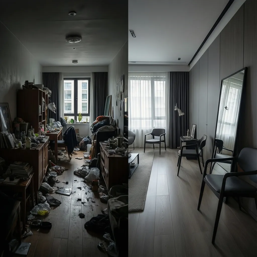 Comparison of cramped small room layout versus optimized layout with clear walkway