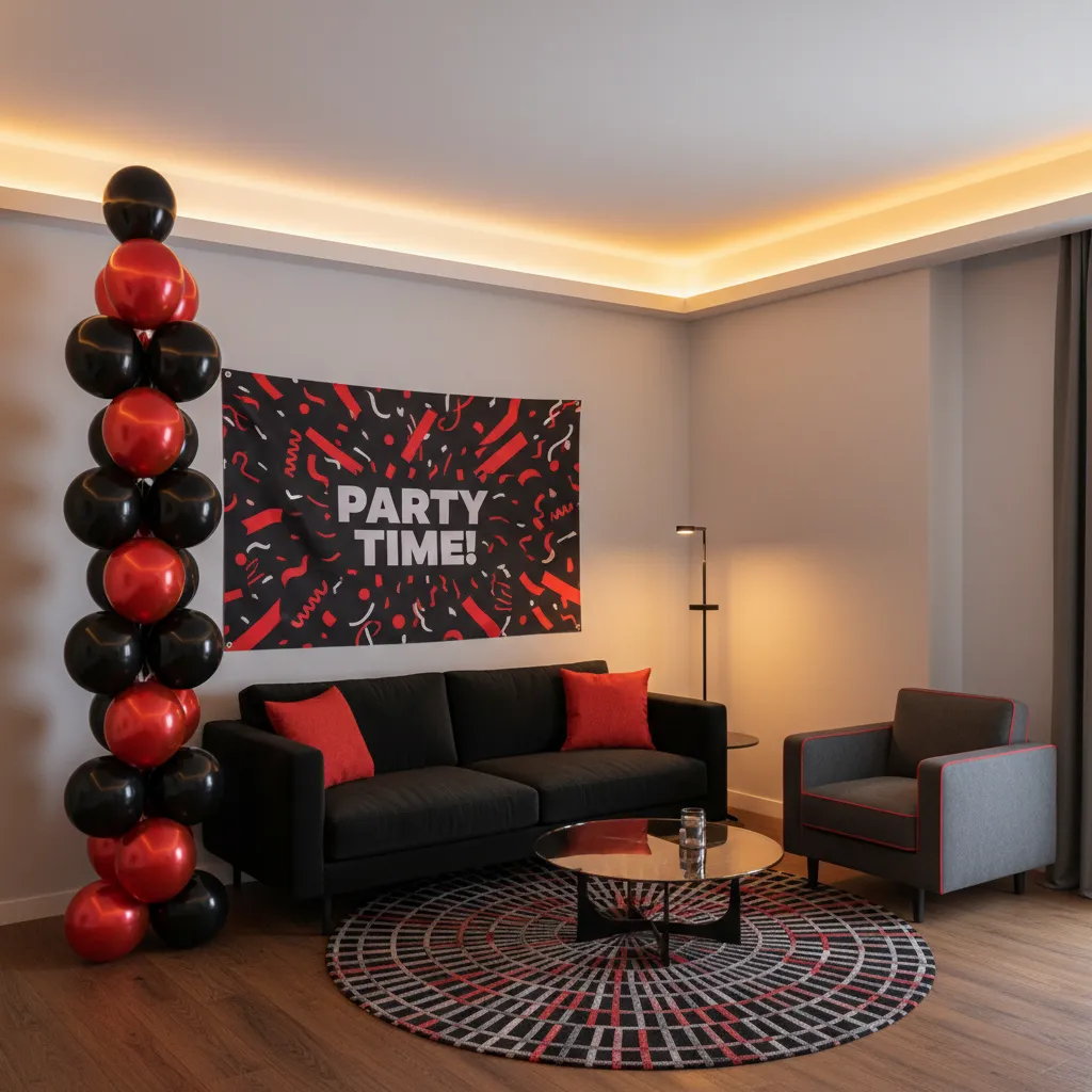 Compact living room decorated with black and red party theme and vertical balloon decor