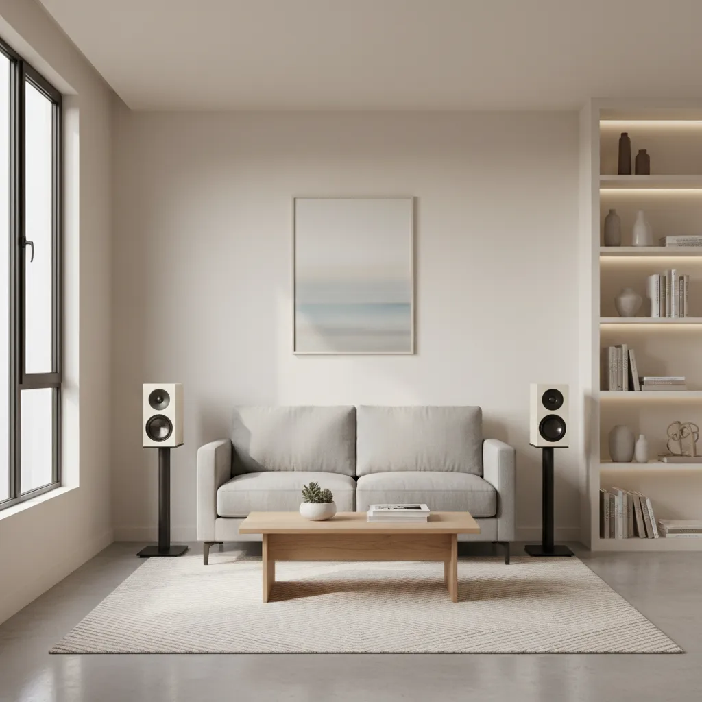 bookshelf speakers positioned in a compact apartment living room