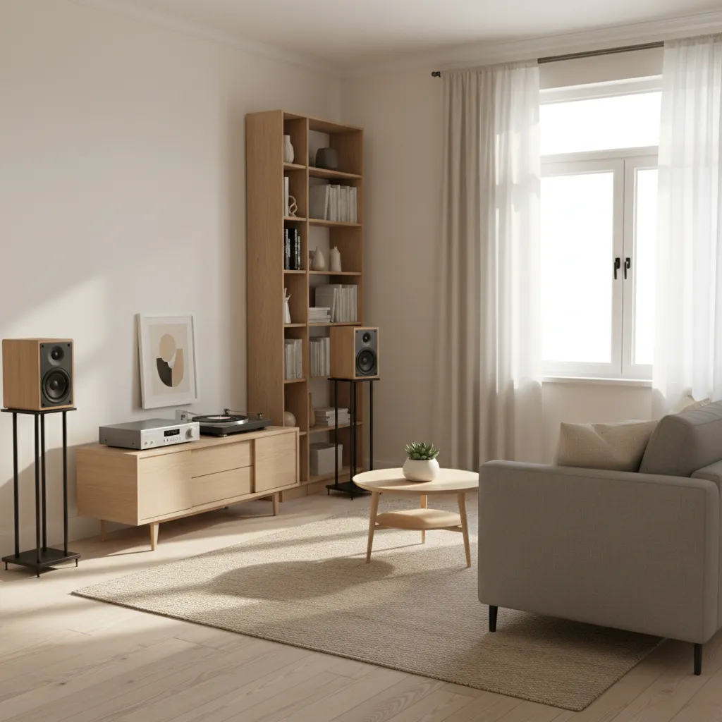 Bookshelf speakers positioned on stands in a small living room listening area