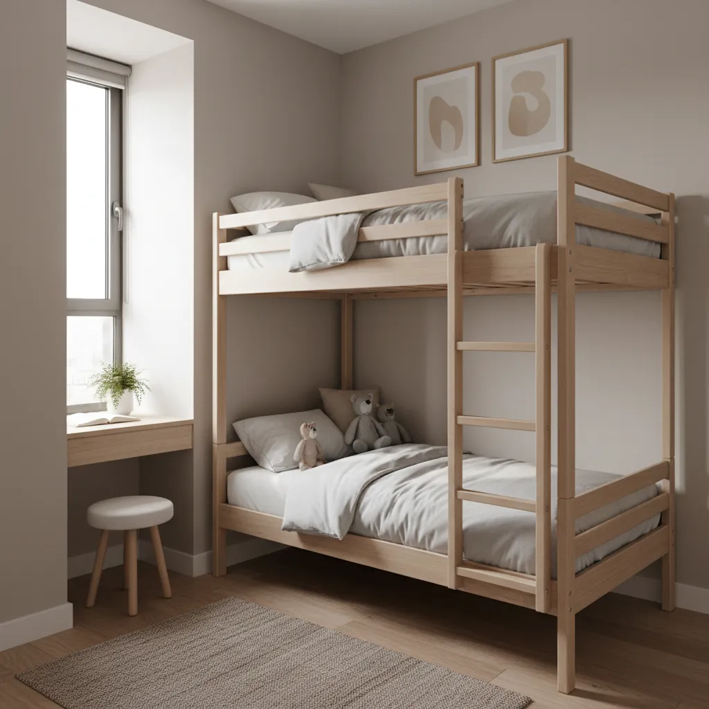 Compact bedroom with bunk bed against wall maximizing floor space