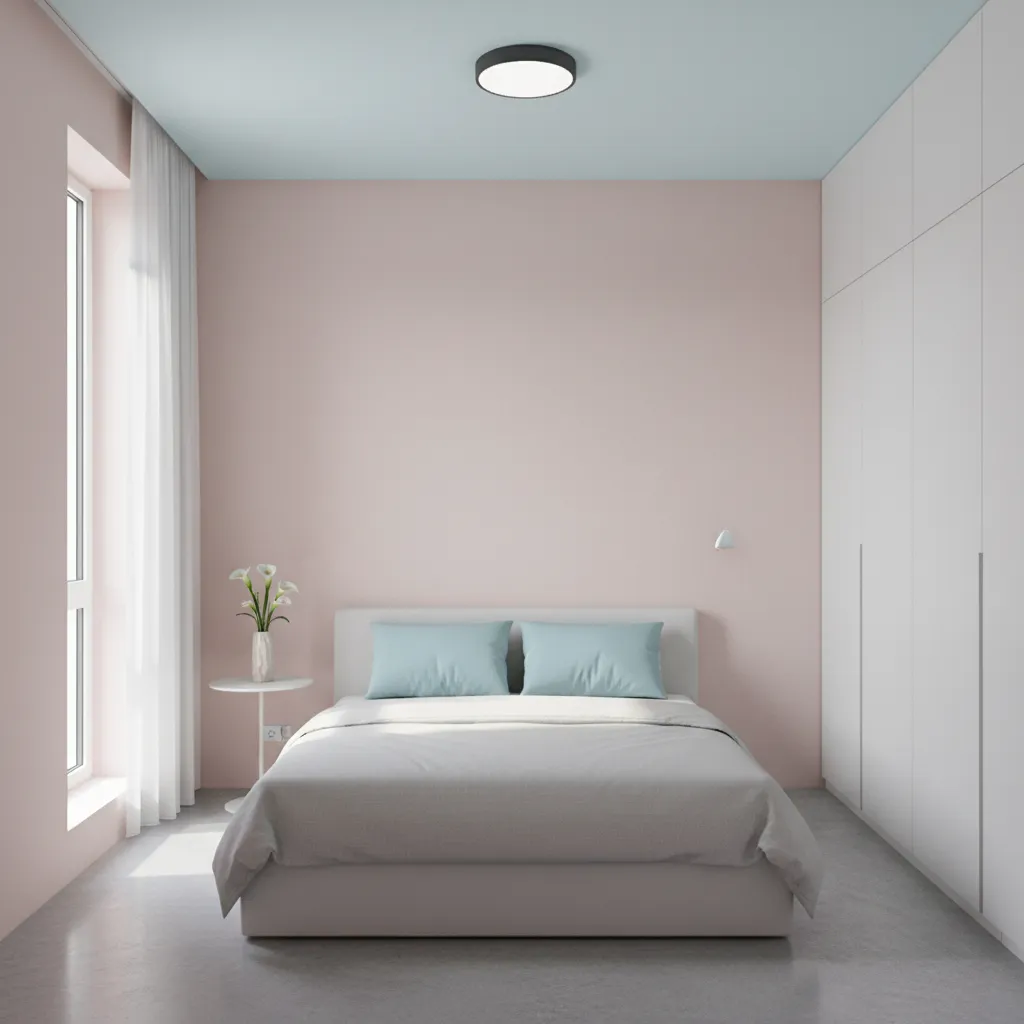 small bedroom showing lighter ceiling color to increase height perception