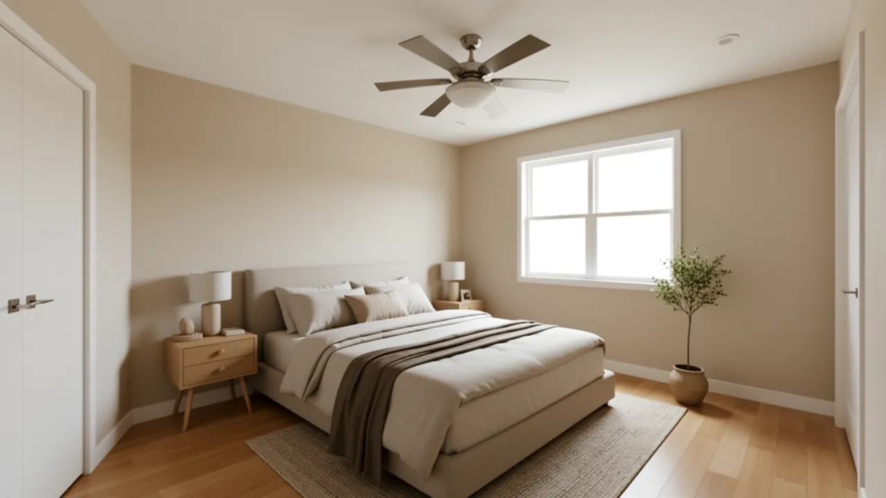 complete small bedroom interior with balanced ceiling fan and lighting