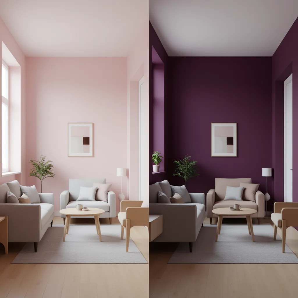 Small apartment room comparison showing pink walls making space feel larger and dark purple making space feel cozier