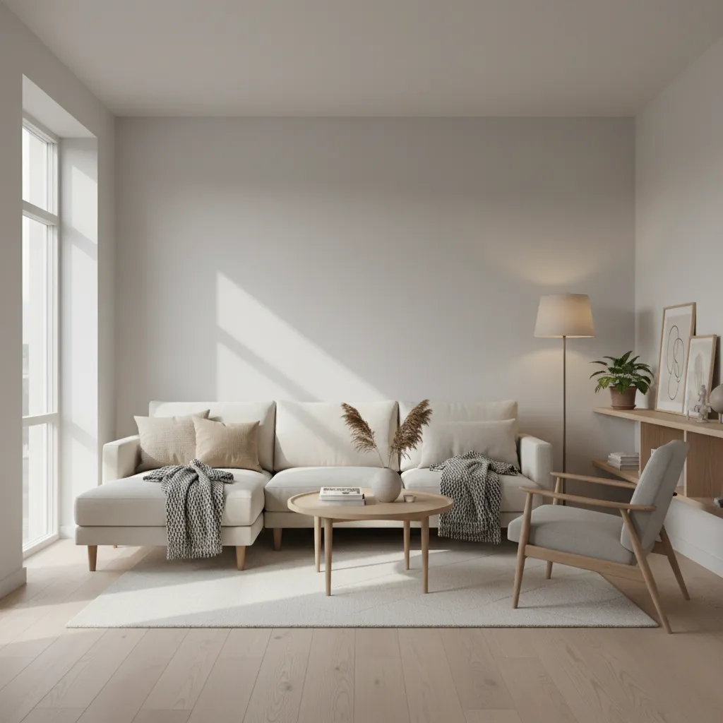 Bright minimalist living room with white sofa wooden coffee table armchair floor lamp and sunlight
