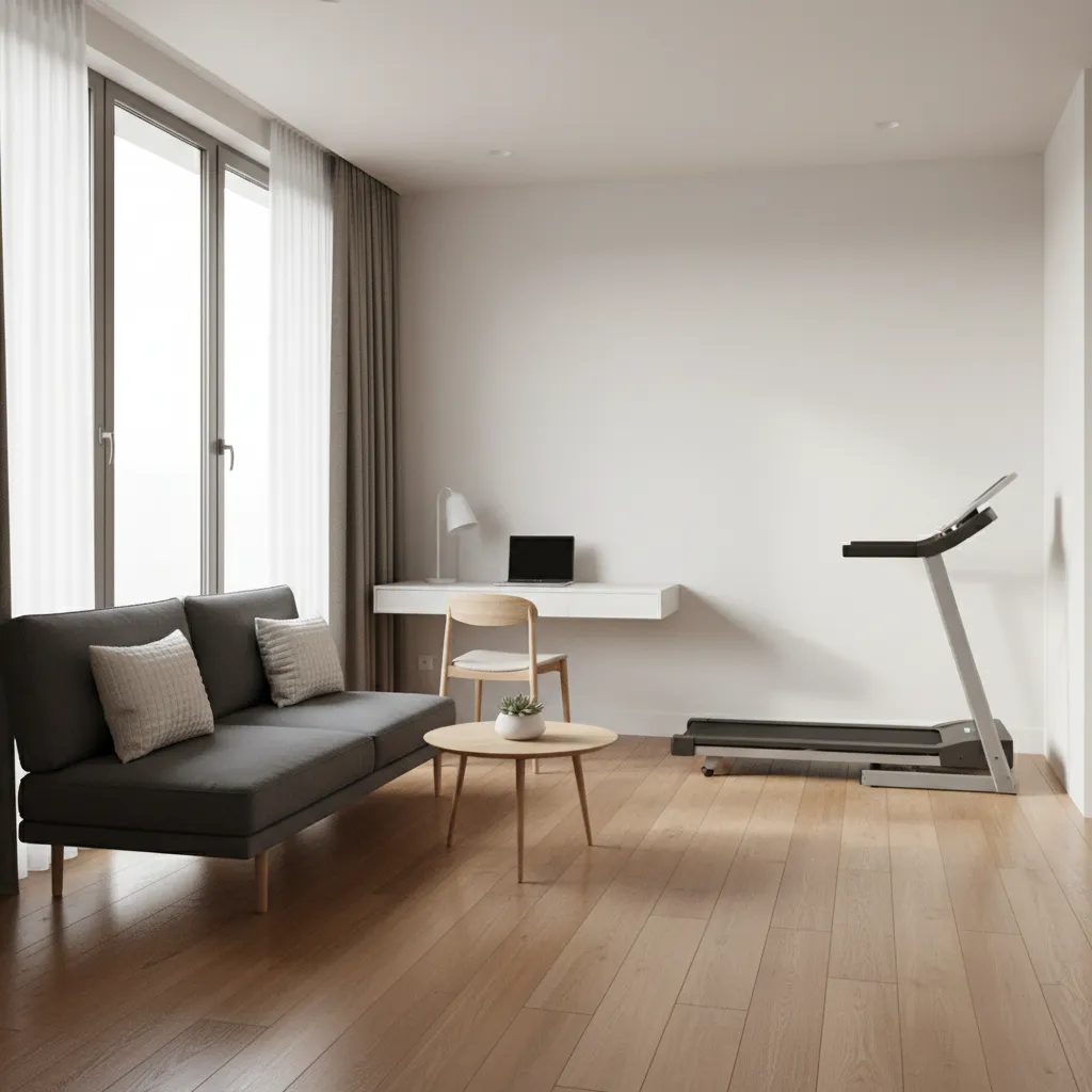 Compact treadmill placed along wall in small apartment room