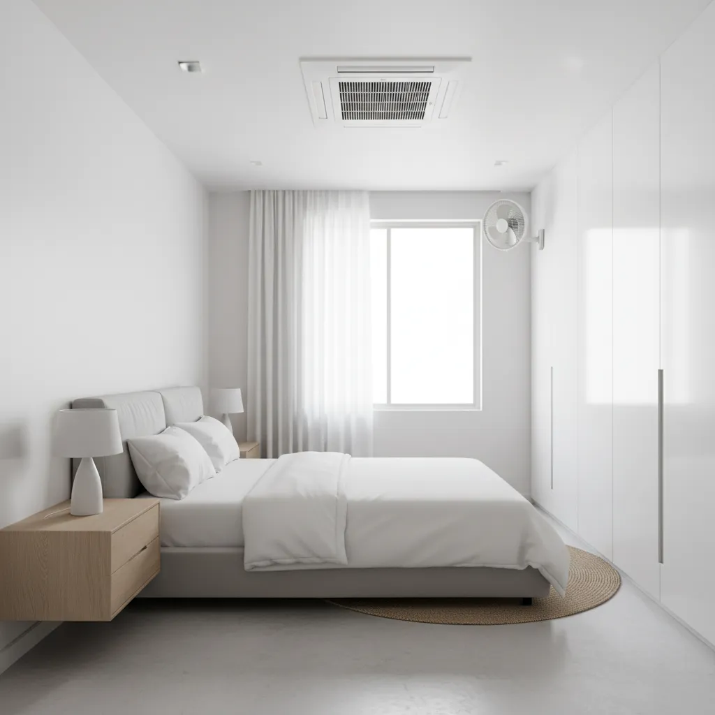 small room with ceiling ac and circulation fan improving airflow