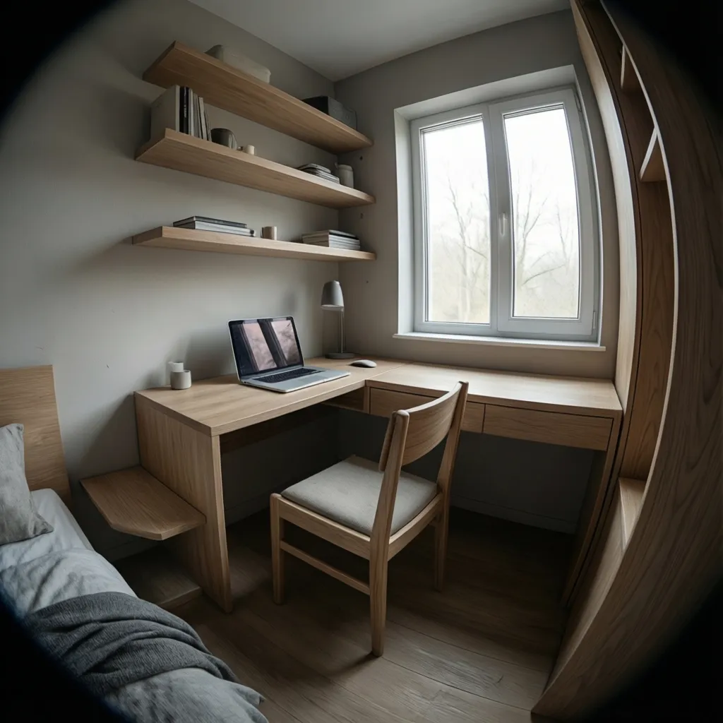 compact corner study desk setup in a small bedroom