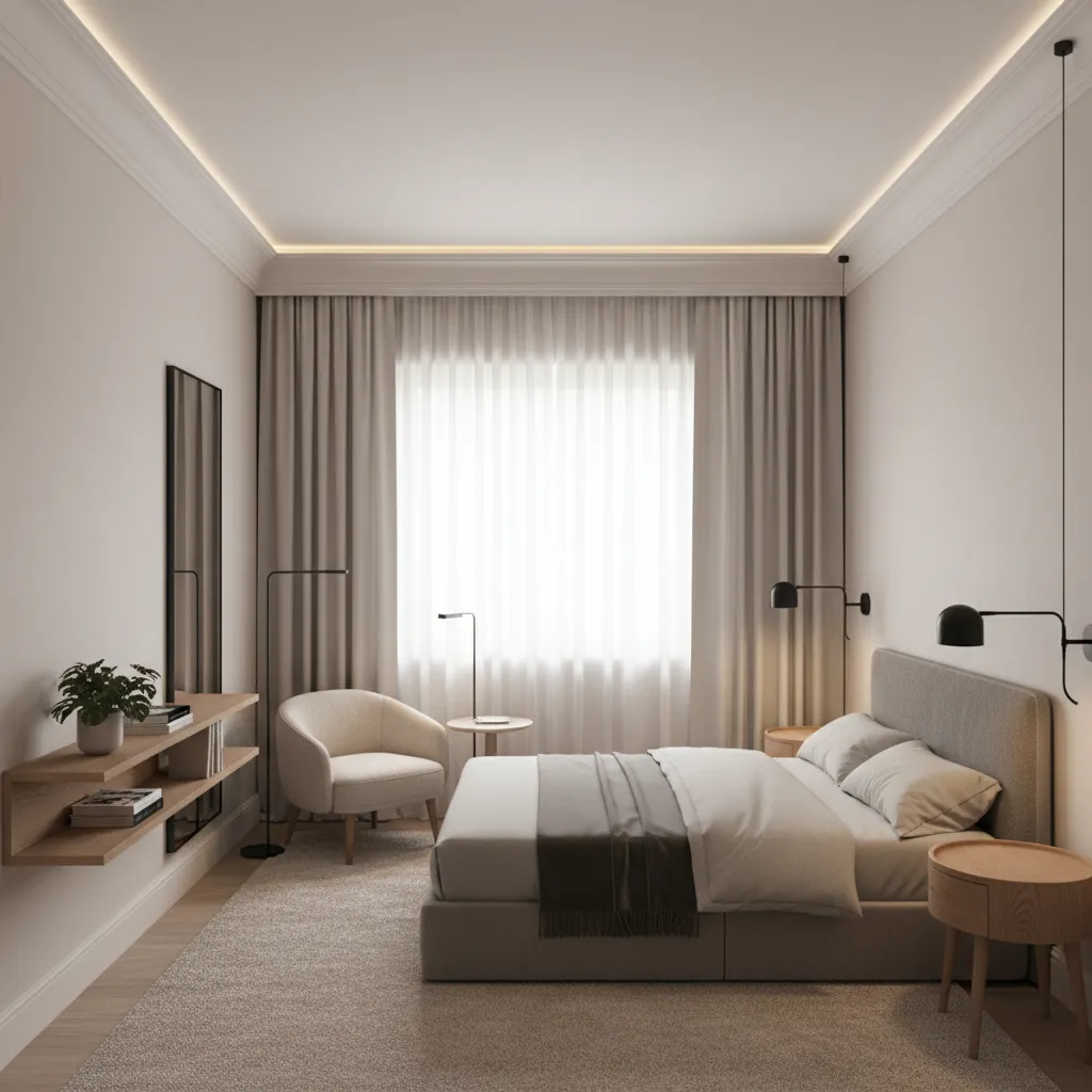 small bedroom with subtle crown molding and light color palette