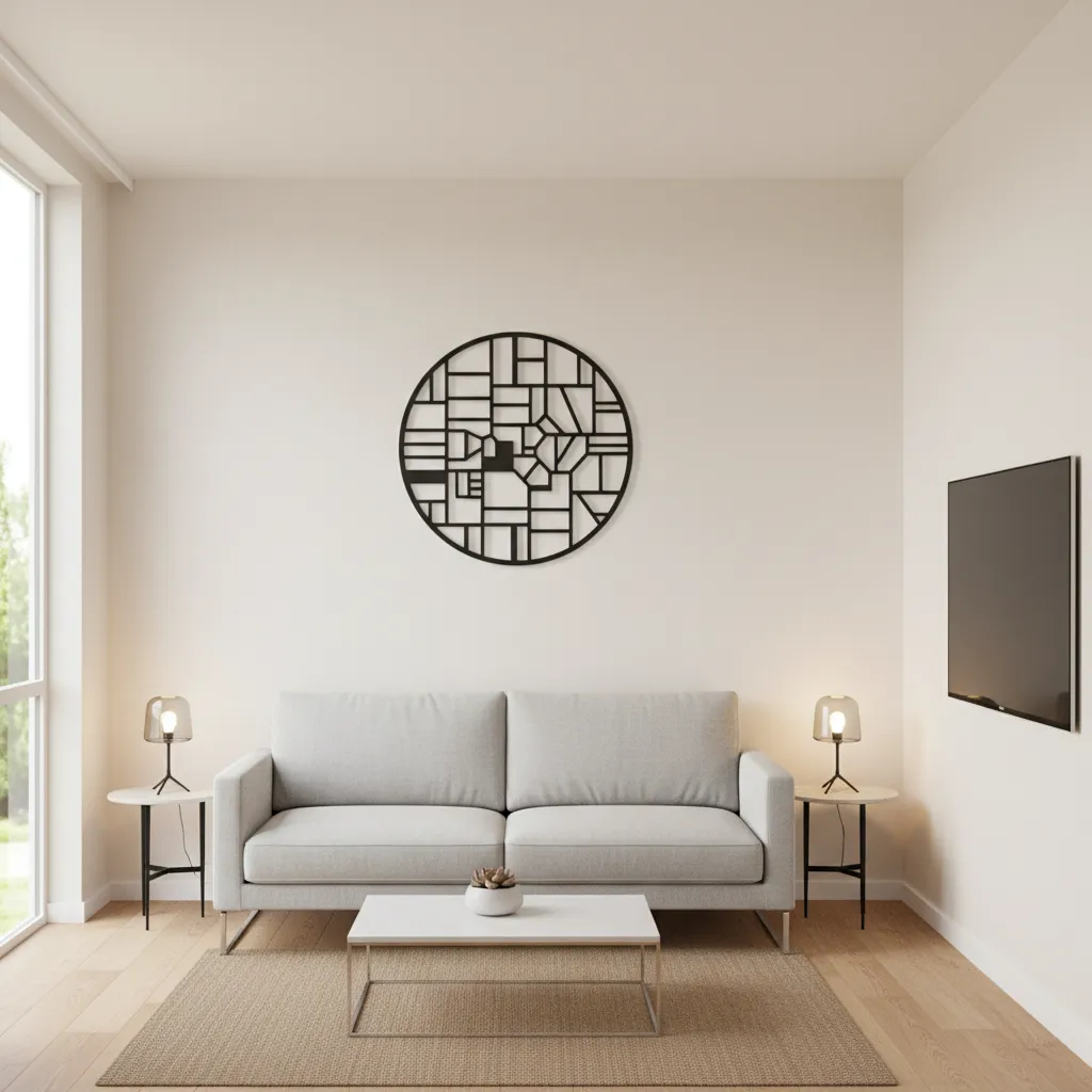 Small apartment living room with centered cutout wall decor above sofa