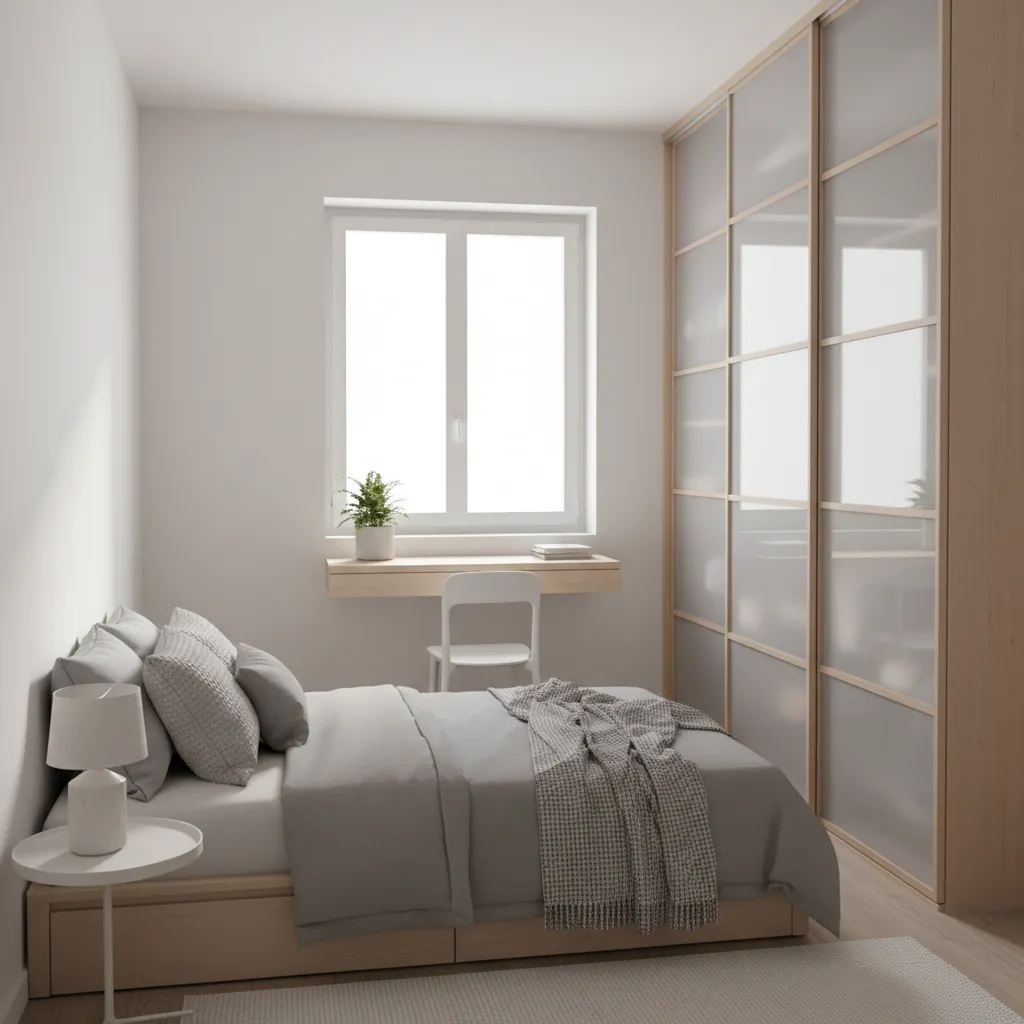 Small modern bedroom with grey bed wooden desk white chair large wardrobe and bright window