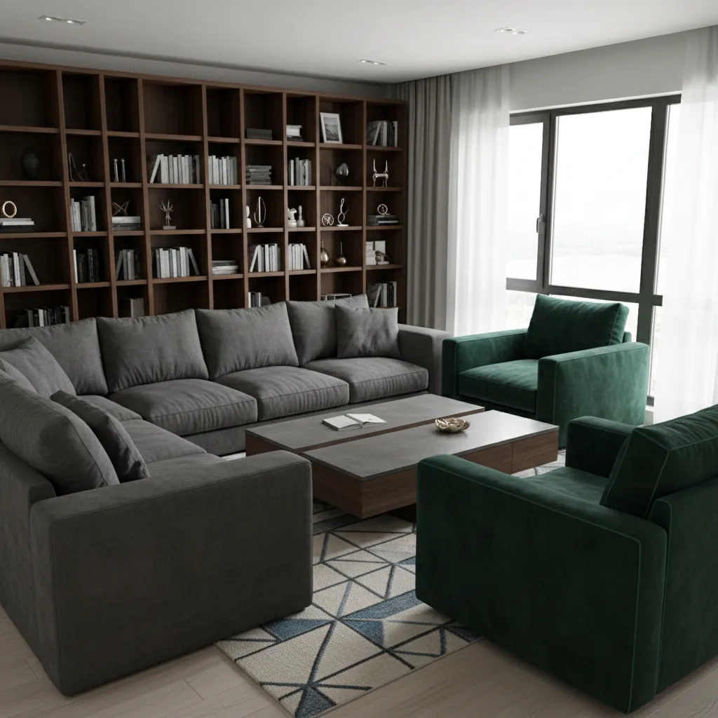 simulación de habitación pequeña con muebles demasiado grandes
