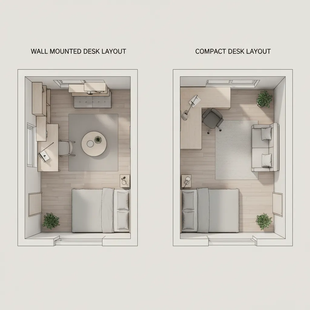 top down layout comparison showing floating desk and compact desk in a tiny room