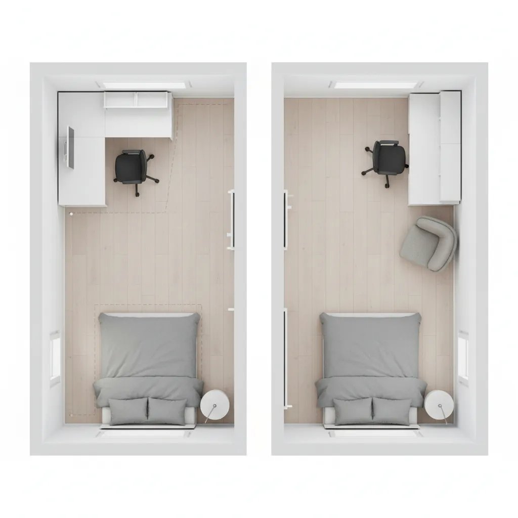 small bedroom layout comparison showing corner desk placement versus wall mounted desk placement