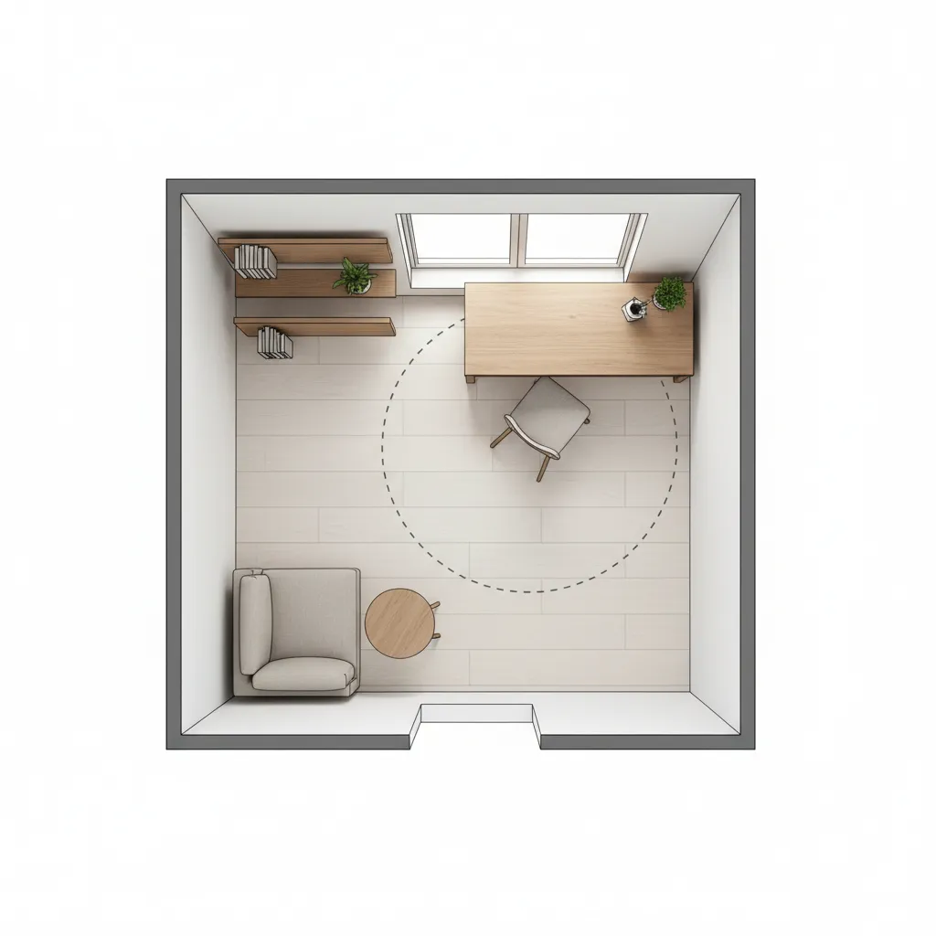 top view layout showing optimal placement of a desk in a small room