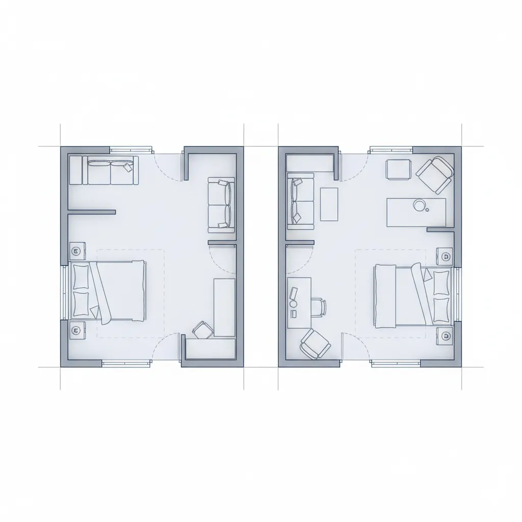 floor plan diagram showing typical dimensions of 250 and 300 square feet rooms