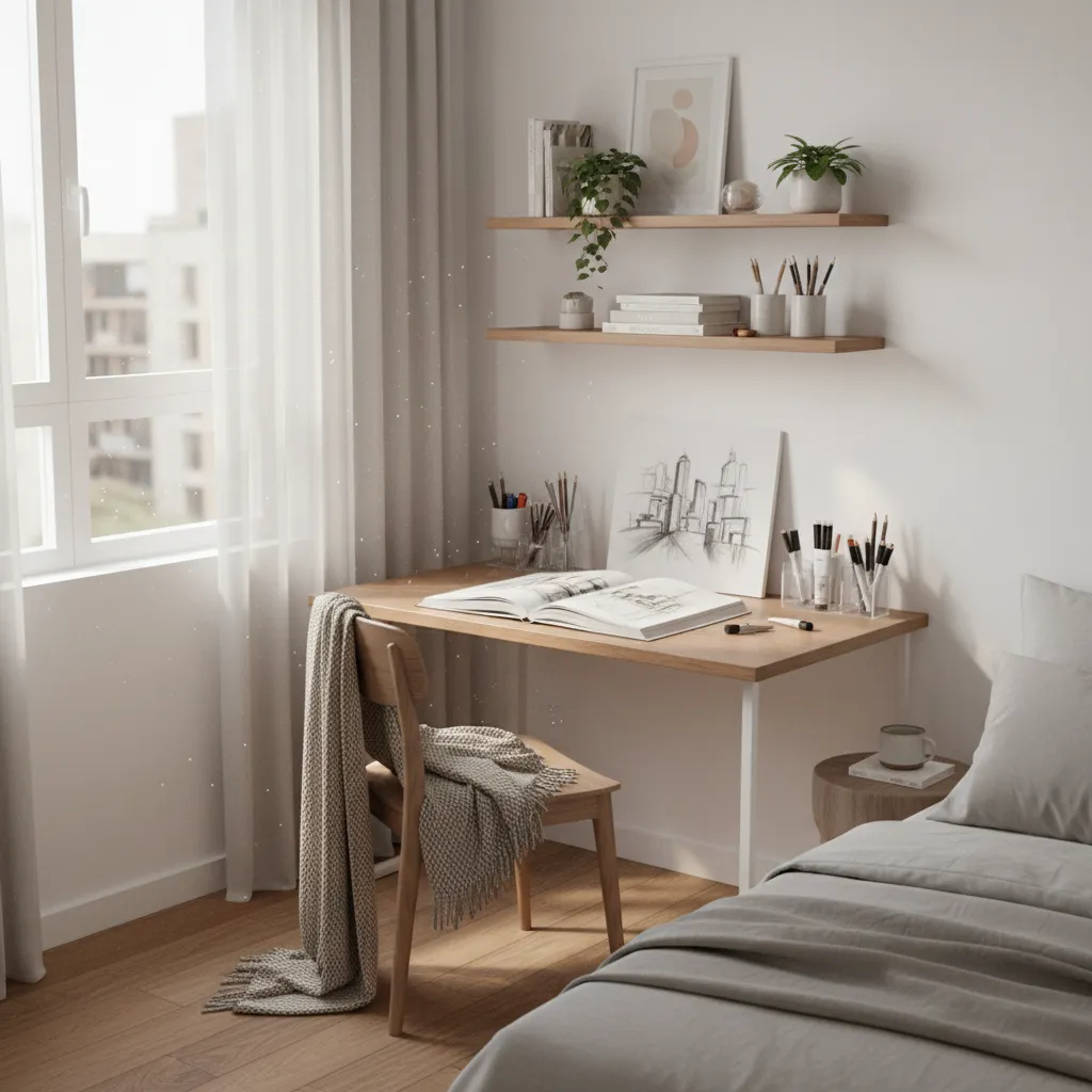 Artist drawing at a compact desk in a small bedroom workspace