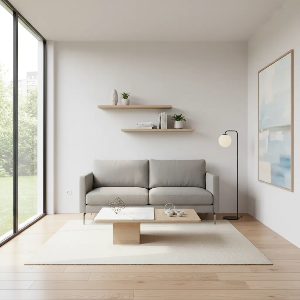 Small living room layout with compact sofa wall storage and efficient furniture placement