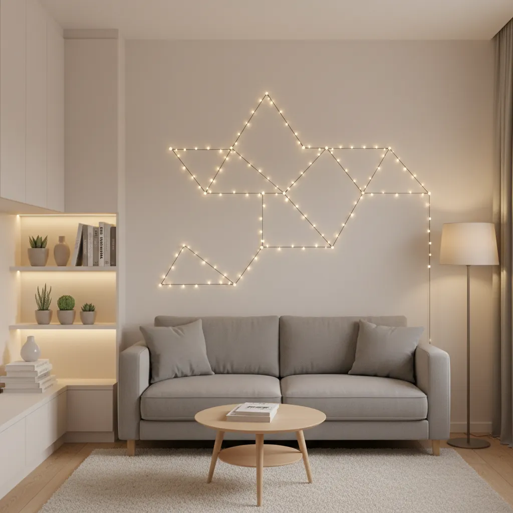 Small apartment wall decorated with minimal fairy lights