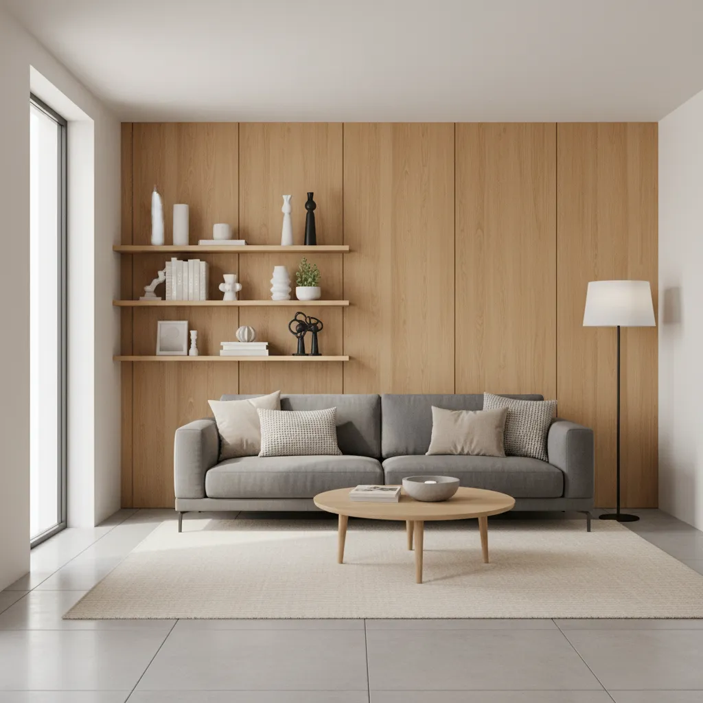 small apartment living room with one side wall designed as focal point
