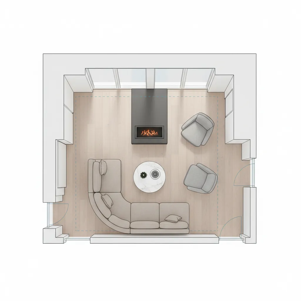 floor plan style layout showing fireplace placement in a small room