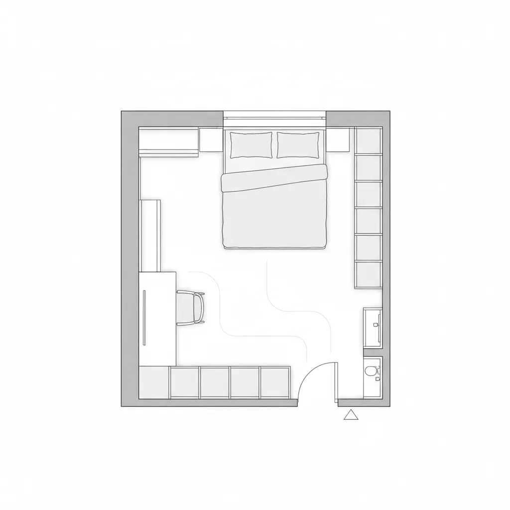 Simple floor plan showing optimized layout for a small bedroom