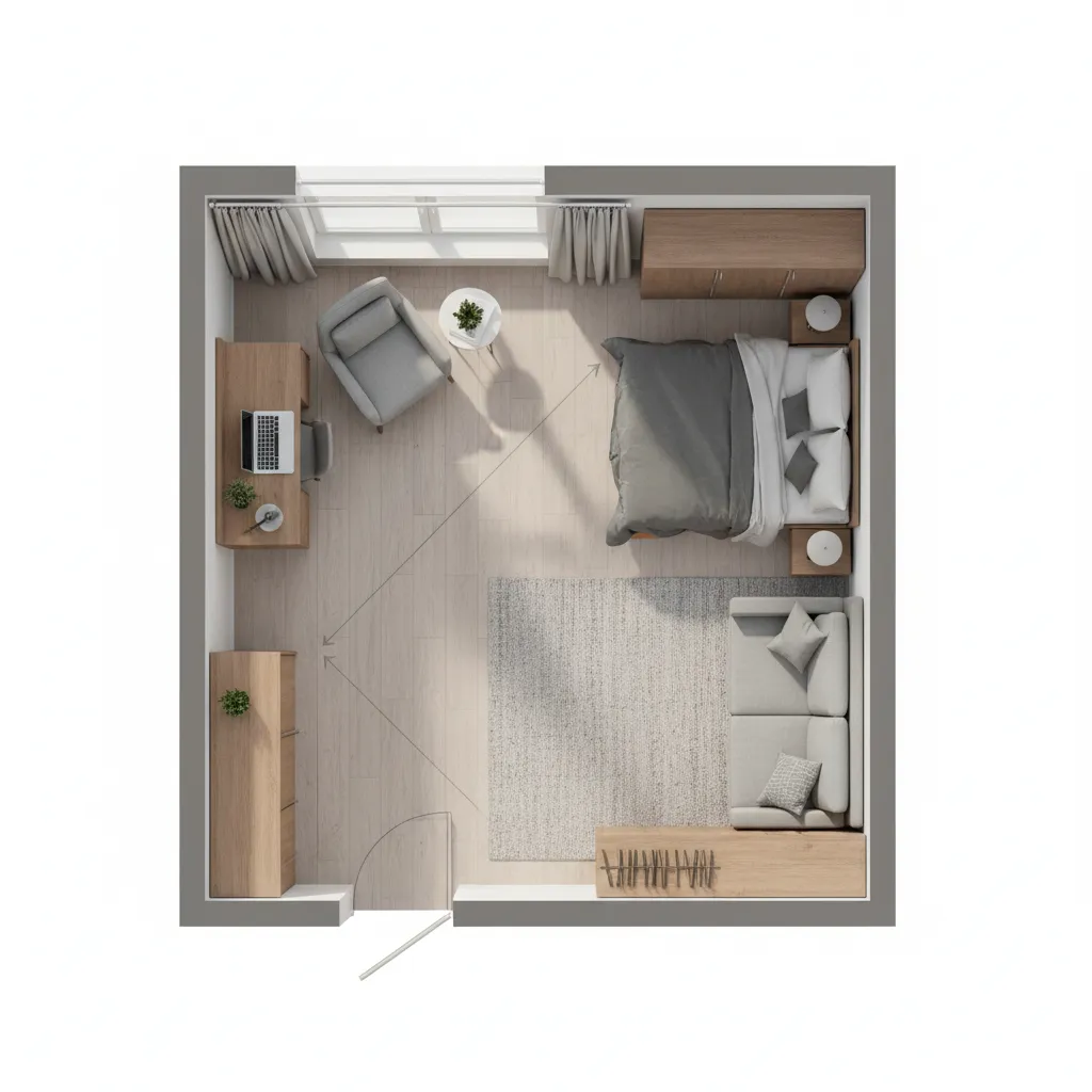 Small apartment room floor plan showing optimized furniture arrangement