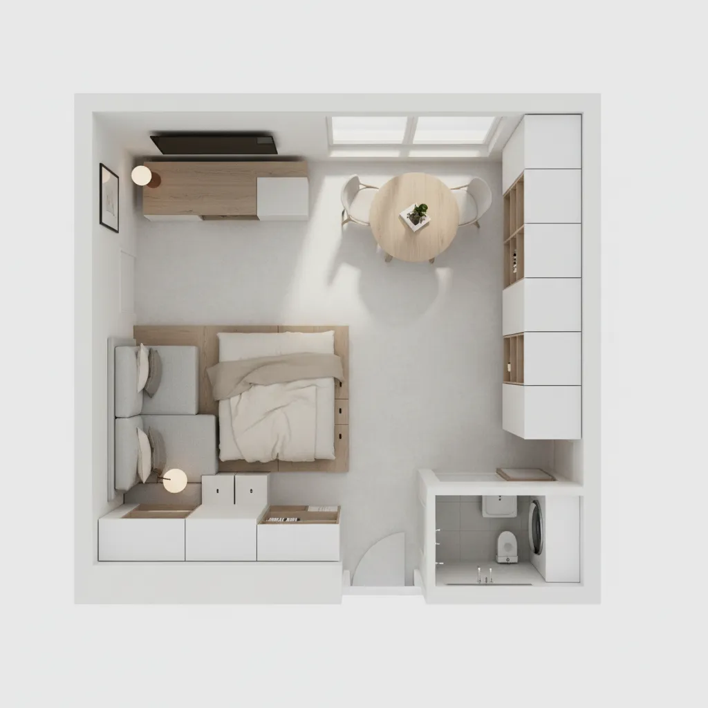 optimized small apartment floor plan with smart furniture placement