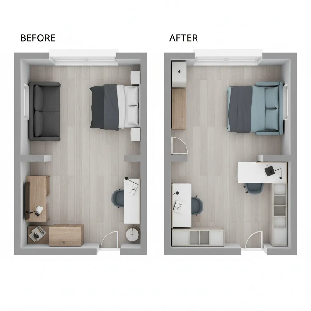 Comparison of poor and optimized small room furniture layout in a floor plan