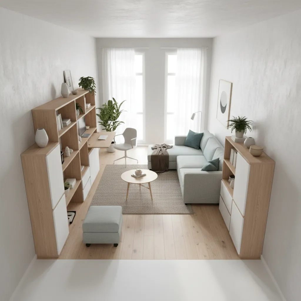 Small living room with light blue sofa wooden cabinets grey footrest and desk for office