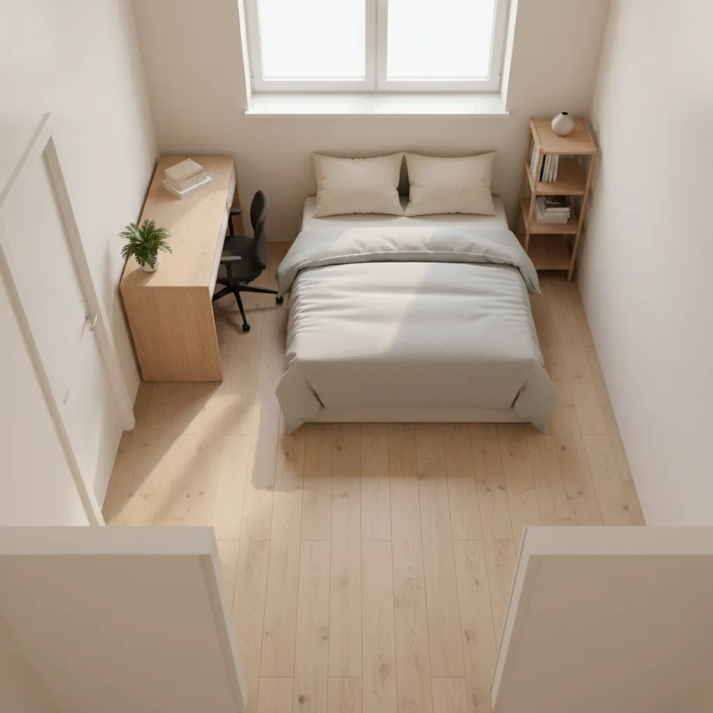 Small bedroom layout showing clear airflow space between furniture
