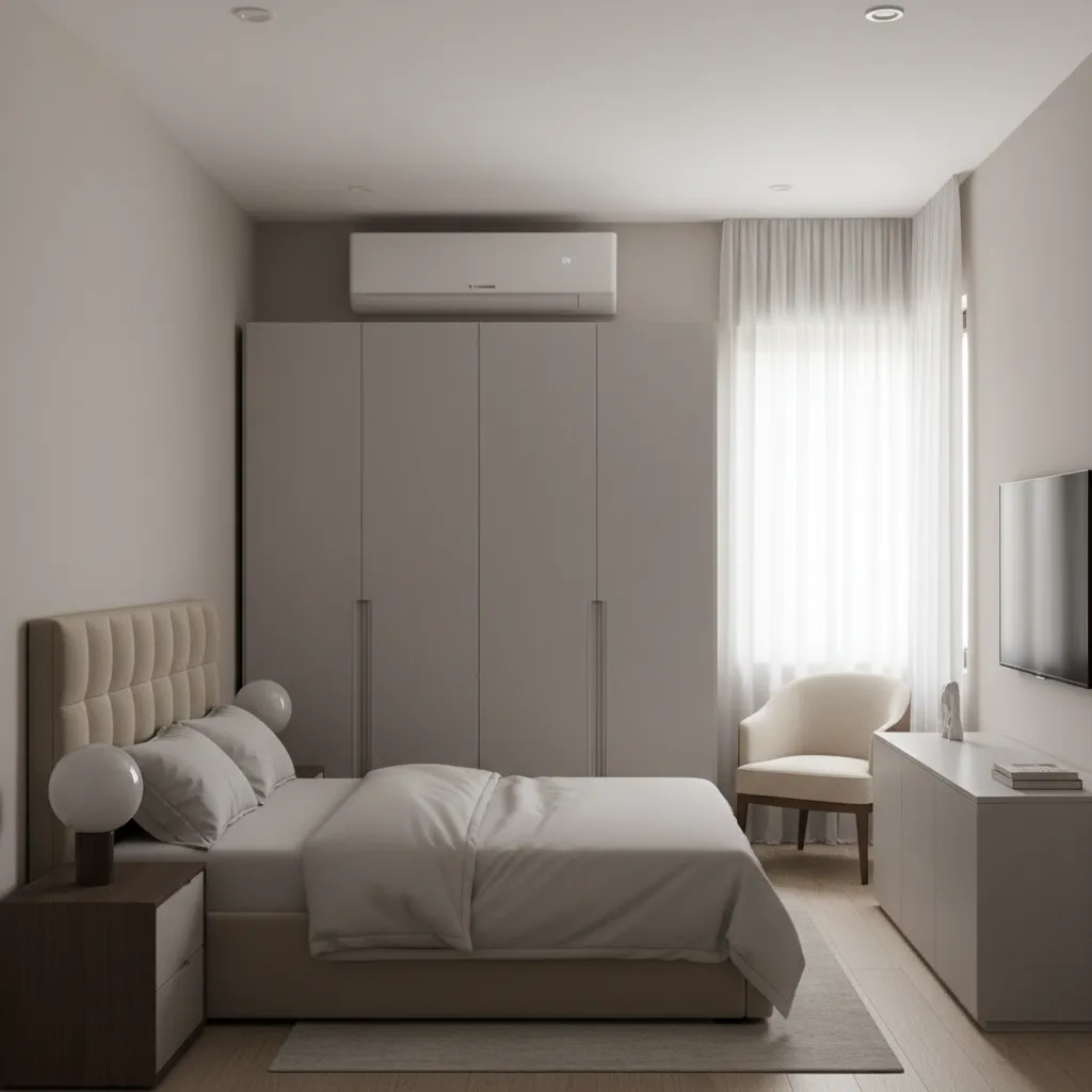 small bedroom with wardrobe blocking airflow from mini split air conditioner