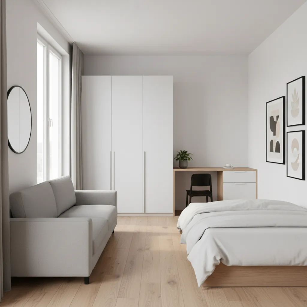 Furniture arrangement example for a small 250 sq ft room