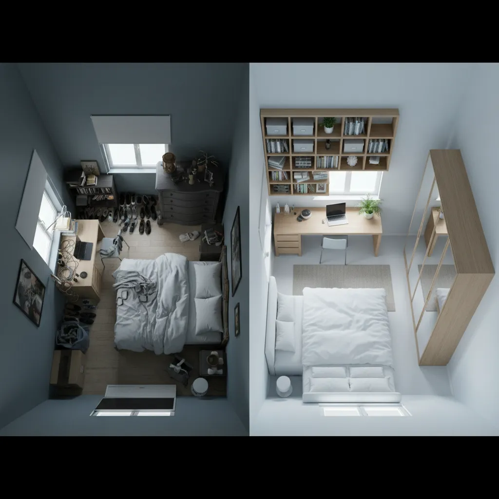 comparison of poor vs optimized furniture layout in small bedroom