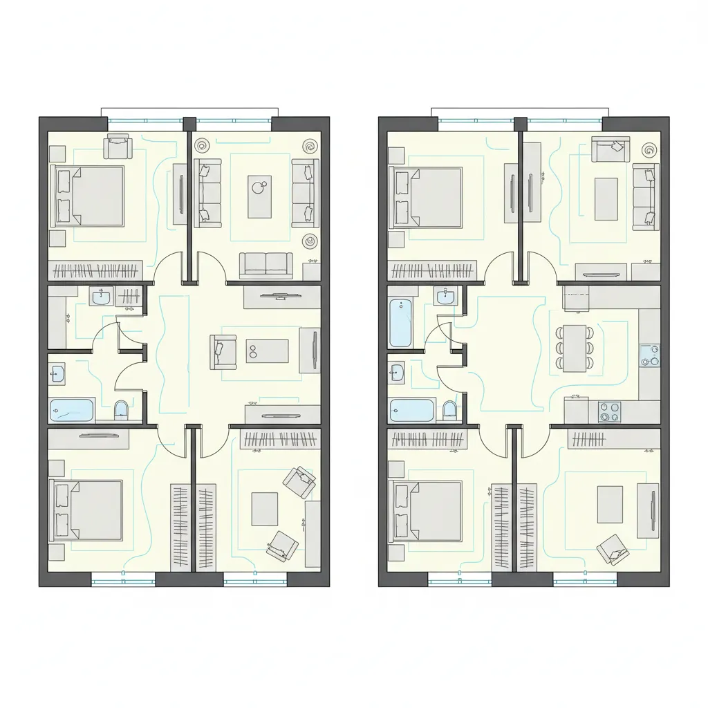 Comparison of poor vs optimized small room furniture layout in a 2D plan