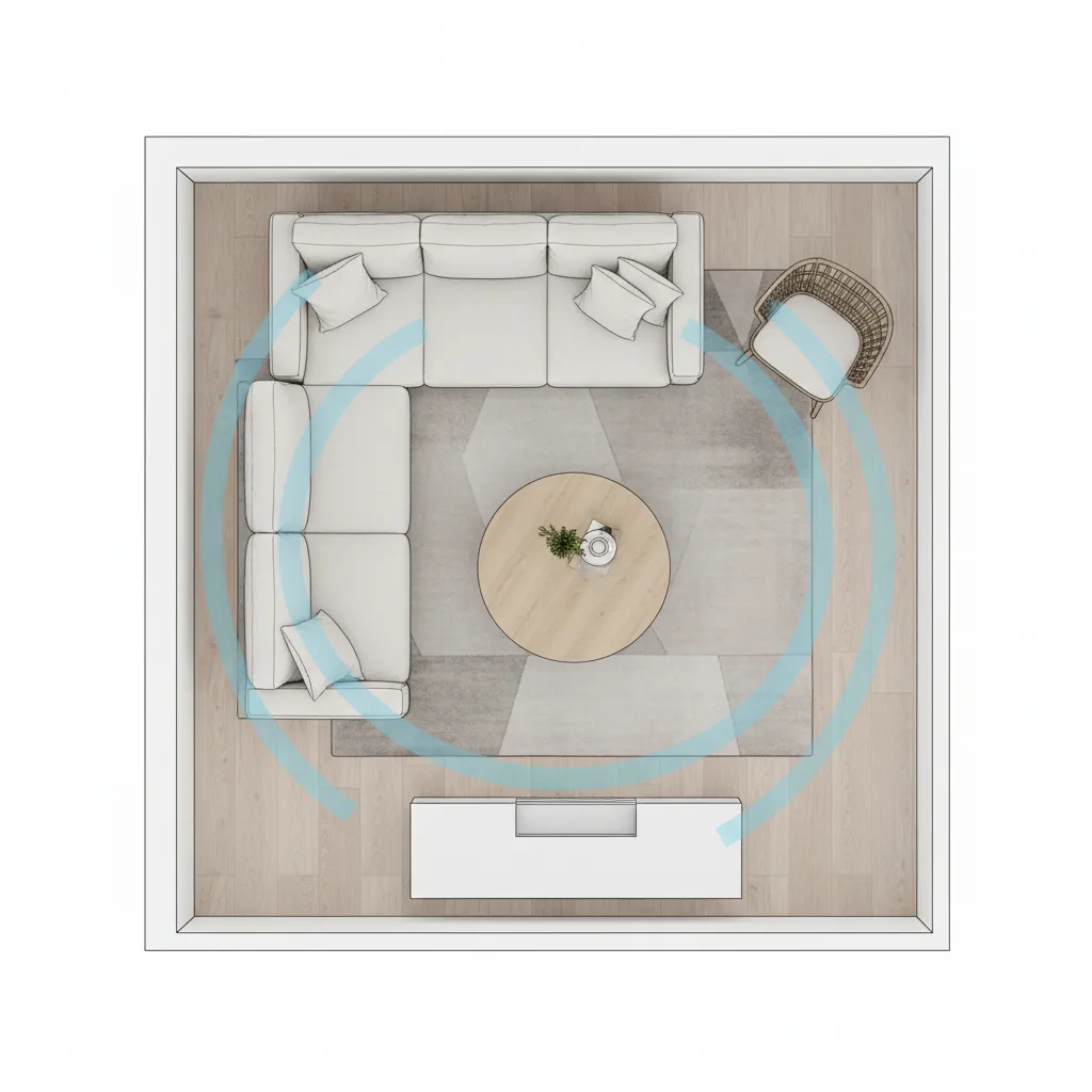 Small room layout diagram showing circulation paths